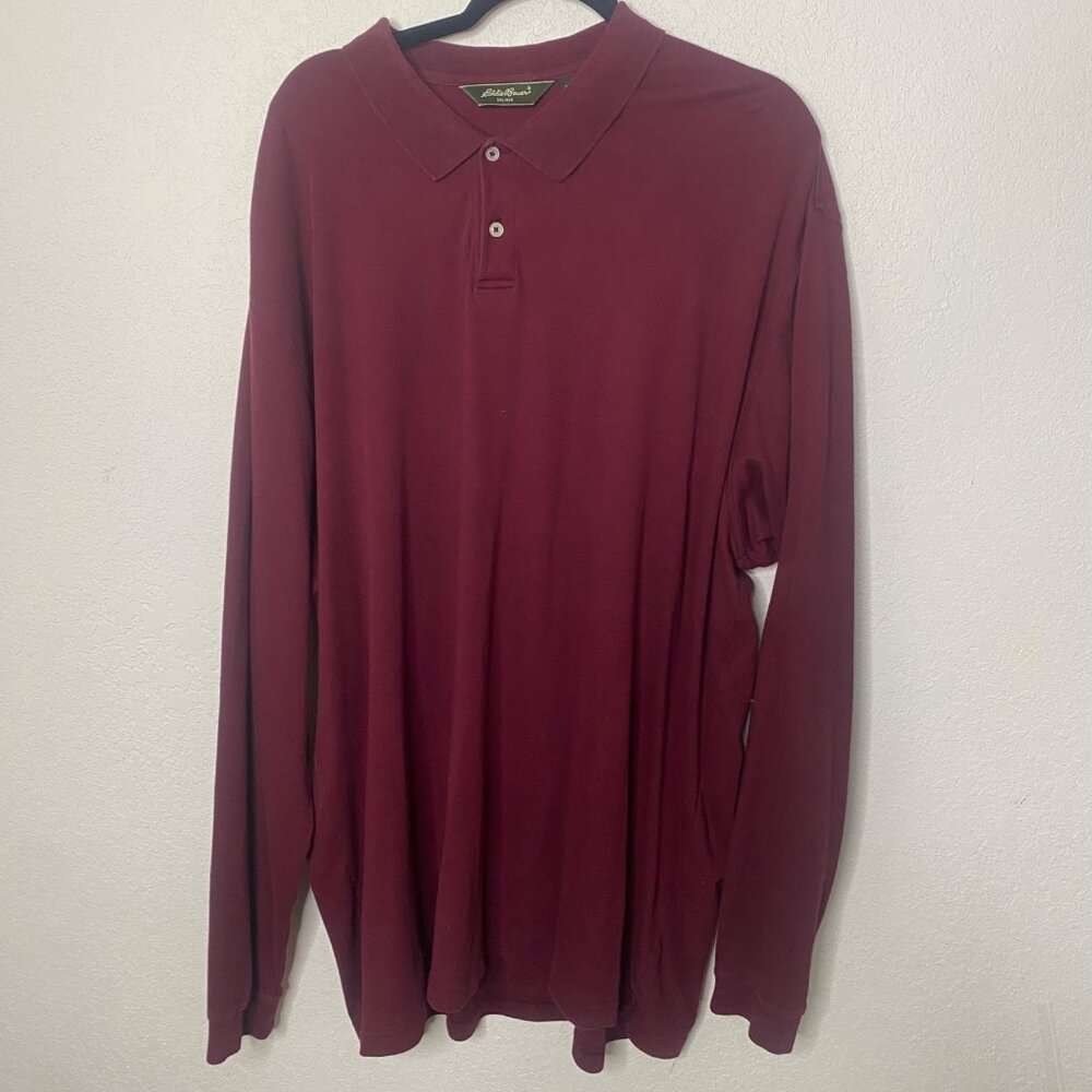 Eddie Bauer Polo Shirt Mens Tall 3XL Burgundy Long Sleeve‎ Cotton Big/Tall